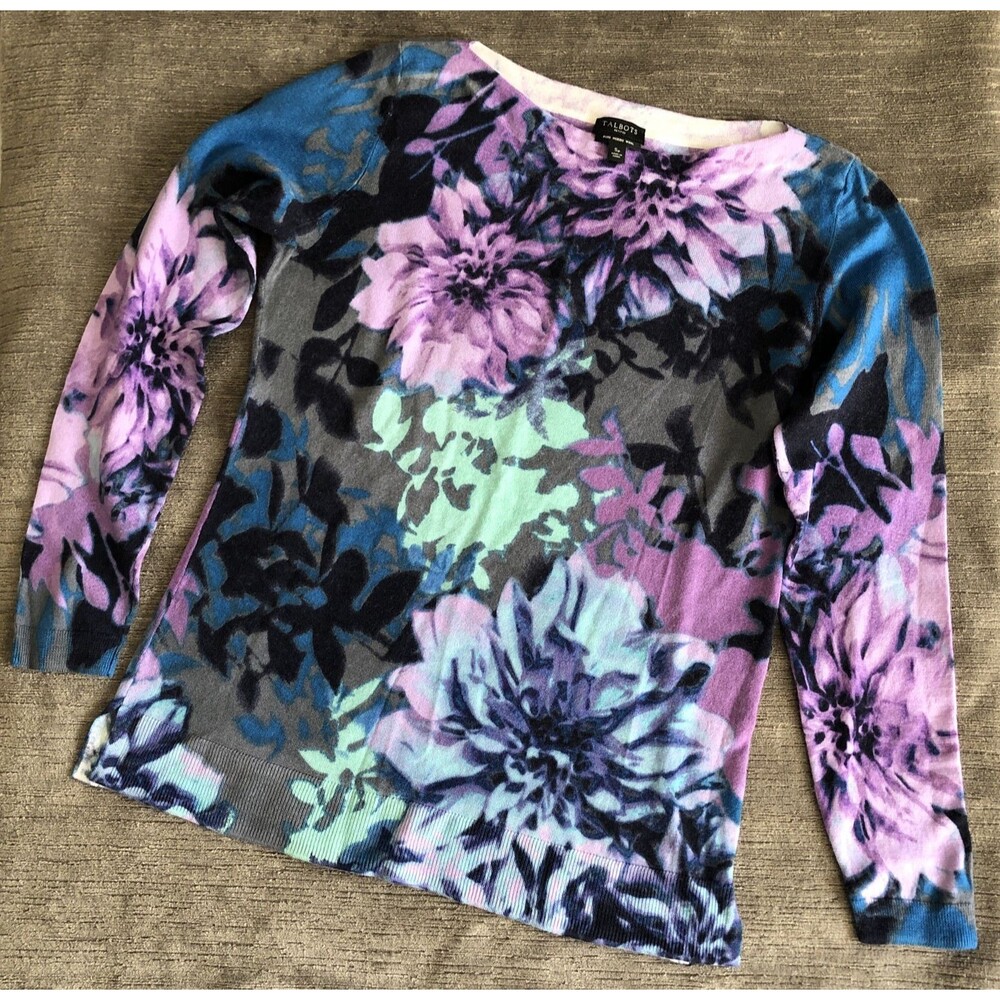 Talbots Merino Wool Romantic Size Small Petite Floral Cottage Preppy Sweater EUC